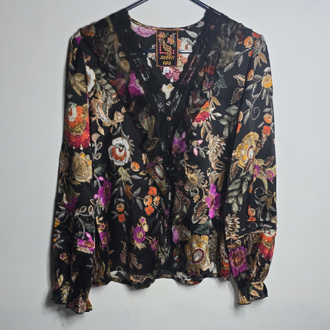 Johnny Was Claudia Black Floral Button-Front Peasant Blouse